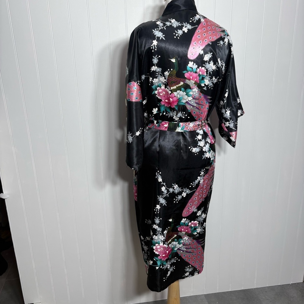 Vintage Silky Peacock Floral Kimono Robe Boho Luxe Statement Vacation Medium - Picture 7 of 9